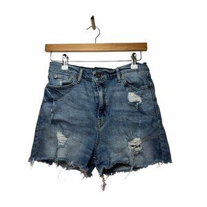 Denizen Levi’s Women Blue Super High Rise Zip Fly Distressed Denim Short Size 28